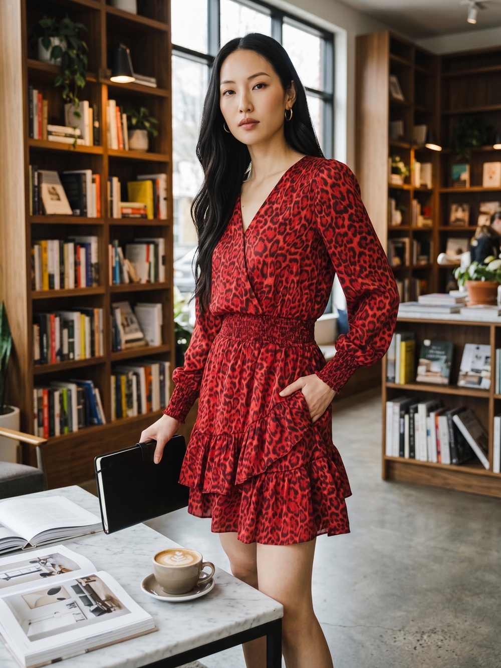 Michael Kors Julia Dress XL Red Leopard Smocked Ruffle NWT - Picture 11 of 15